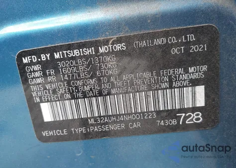 2022 Mitsubishi Mirage Es z USA, uszkodzony, nr VIN ML32AUHJ4NH001223